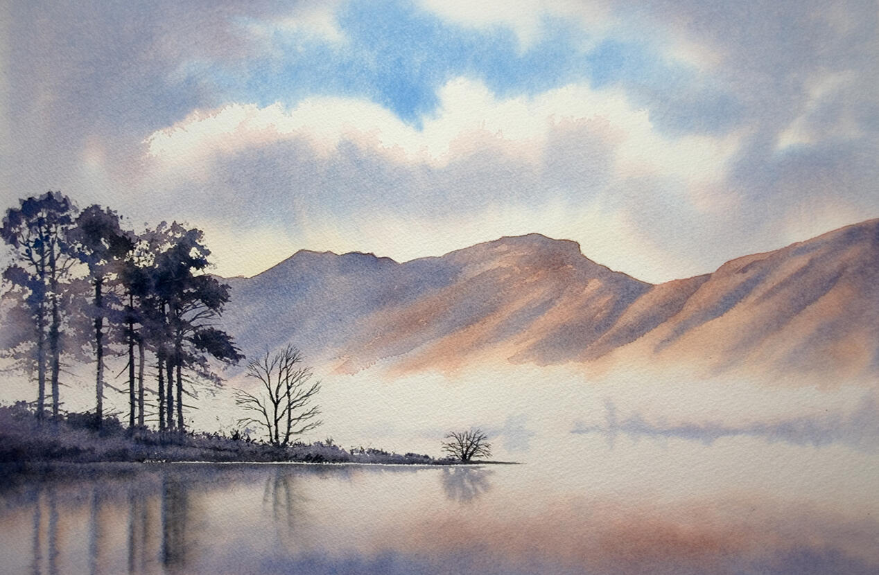 Watercolour painting of Derwentwater, Lake District – misty hills and calm reflections by artist Chris Hull.