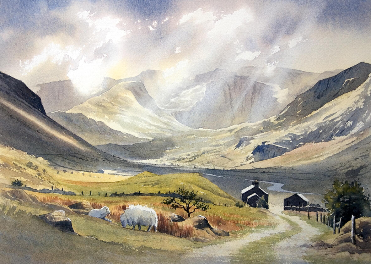 Watercolour of The Glyders, Wales – dramatic mountains, valley farmhouses, and sheep by watercolour artist Chris Hull.