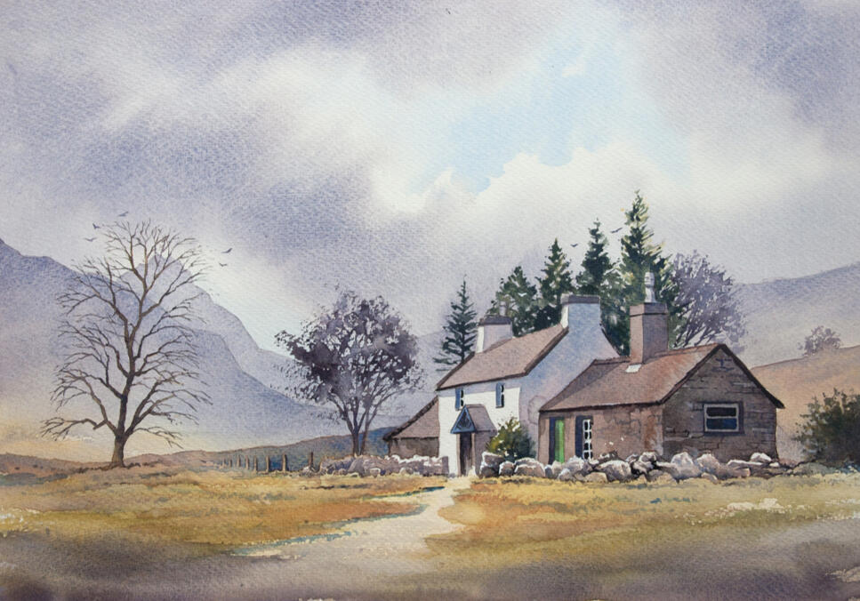 Watercolour painting of Ogwen Valley, Snowdonia – winter Welsh cottage with golden hues, bare trees and winding path by artist Chris Hull.