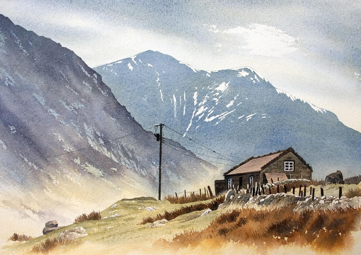 Watercolour painting of Y Garn, Snowdonia – shepherd's hut with leaning power lines, drystone wall and snow-dusted peaks by artist Chris Hull.