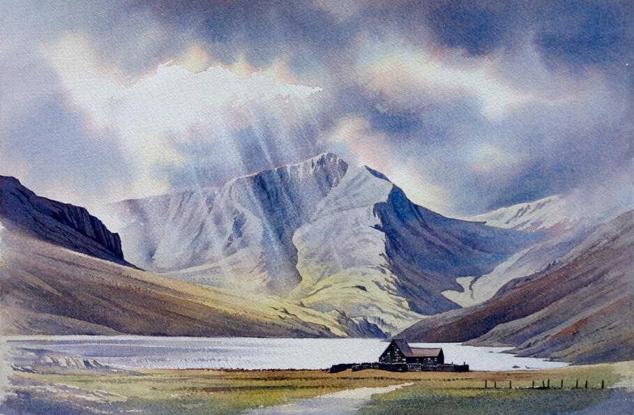 Watercolour painting of Llyn Ogwen and Y Garn in Snowdonia, Wales, featuring the tranquil mountain lake and surrounding rugged peaks. A stunning representation of the Welsh landscape by watercolour artist Chris Hull.