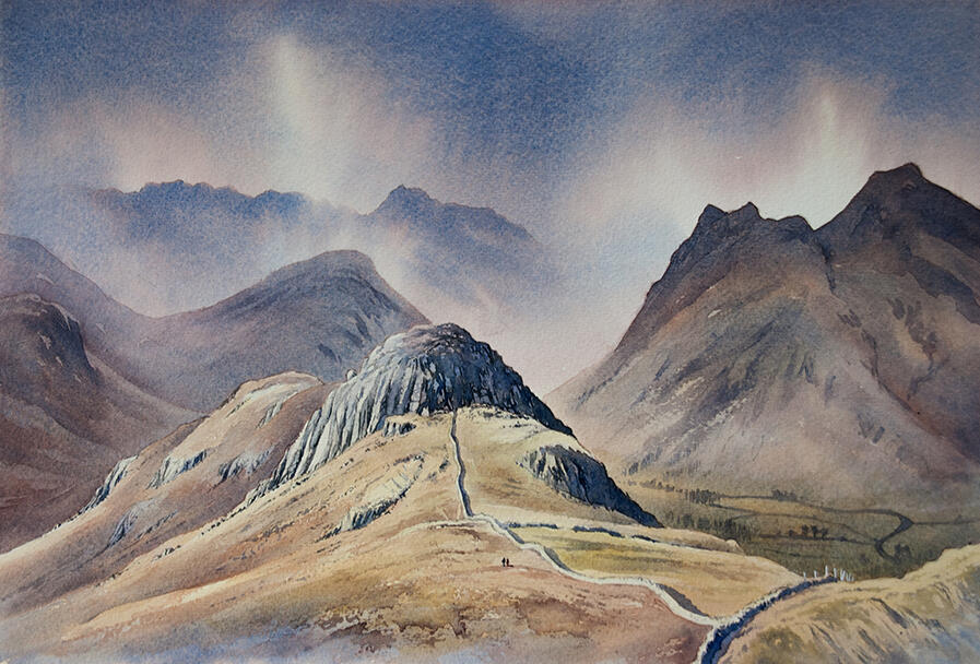 Watercolour painting of Langdale’s rugged mountains with misty peaks and a winding drystone wall by artist Chris Hull.