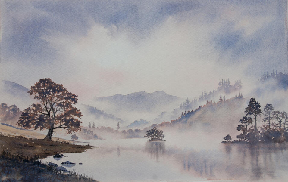 Watercolour painting of Rydal Water, Lake District – misty mountains behind ancient trees reflected in still waters by artist Chris Hull.